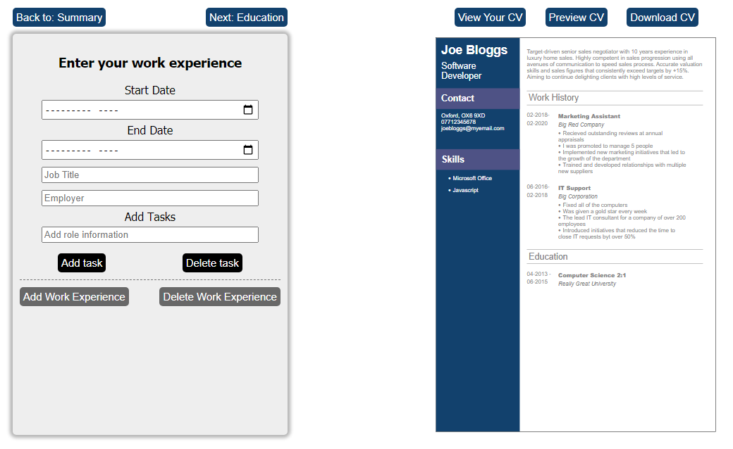 Screenshot of CV Generator project